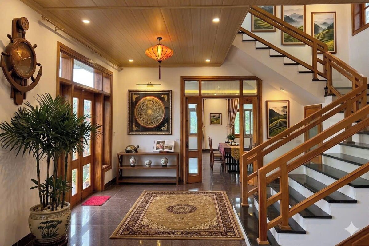 Um hall espaçoso com uma escadaria de madeira, um tapete decorativo grande e um vaso de planta.