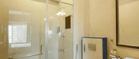 A bathroom with a glass shower enclosure, a white sink, and a mirror.