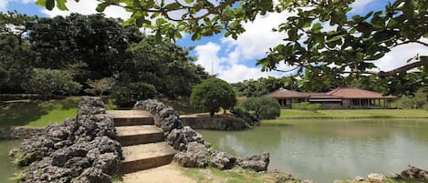 A traditional building with a tiled roof, a stone staircase leading to a pond, and lush greenery.