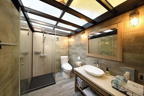 A modern bathroom with a glass-enclosed shower, a toilet, and a vanity with a large mirror. - Haga Farm & Glamping (Haga)