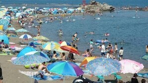 Uma praia cheia, com muitos guarda-sóis e pessoas.