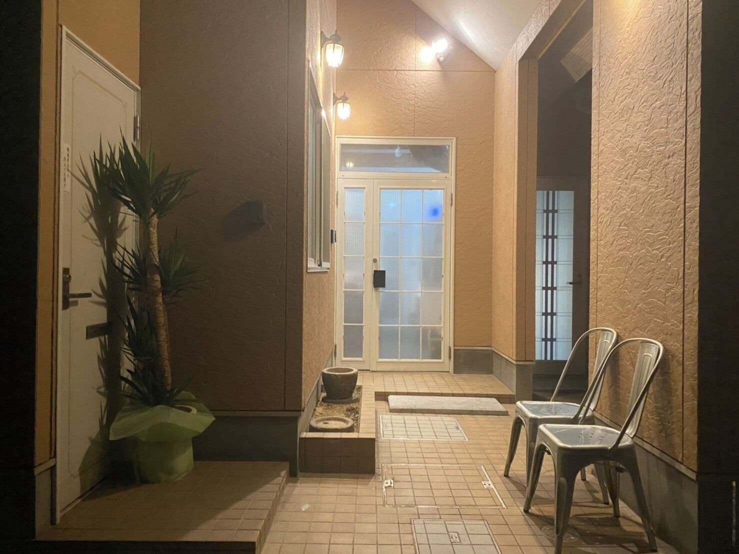 A hallway with a door leading to a room, a potted plant, and two chairs.