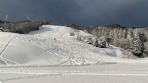 A snowy ski slope with ski tracks, trees, and a mountain in the background. - Okukannabe Hutte (Toyooka)