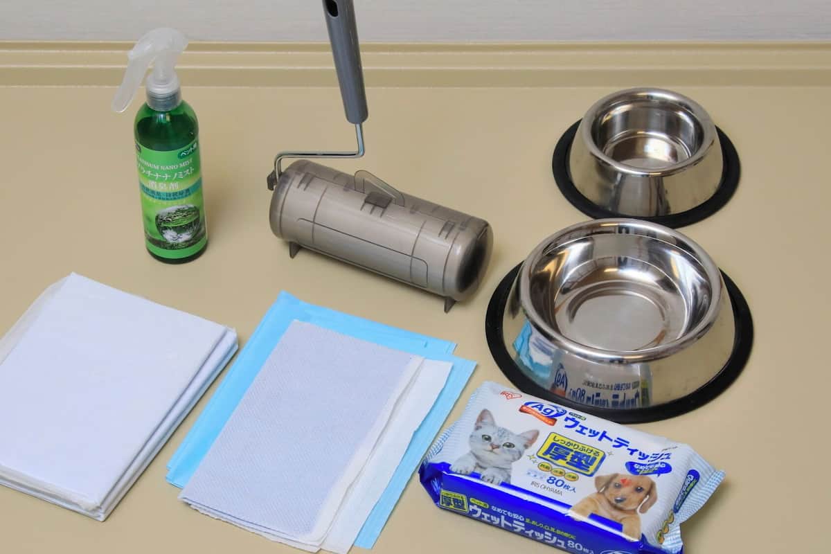 Una mesa con un pulverizador, un rodillo de pintura, dos boles metálicos, una pila de papel blanco, una carpeta azul y un paquete de arena para gatos.
