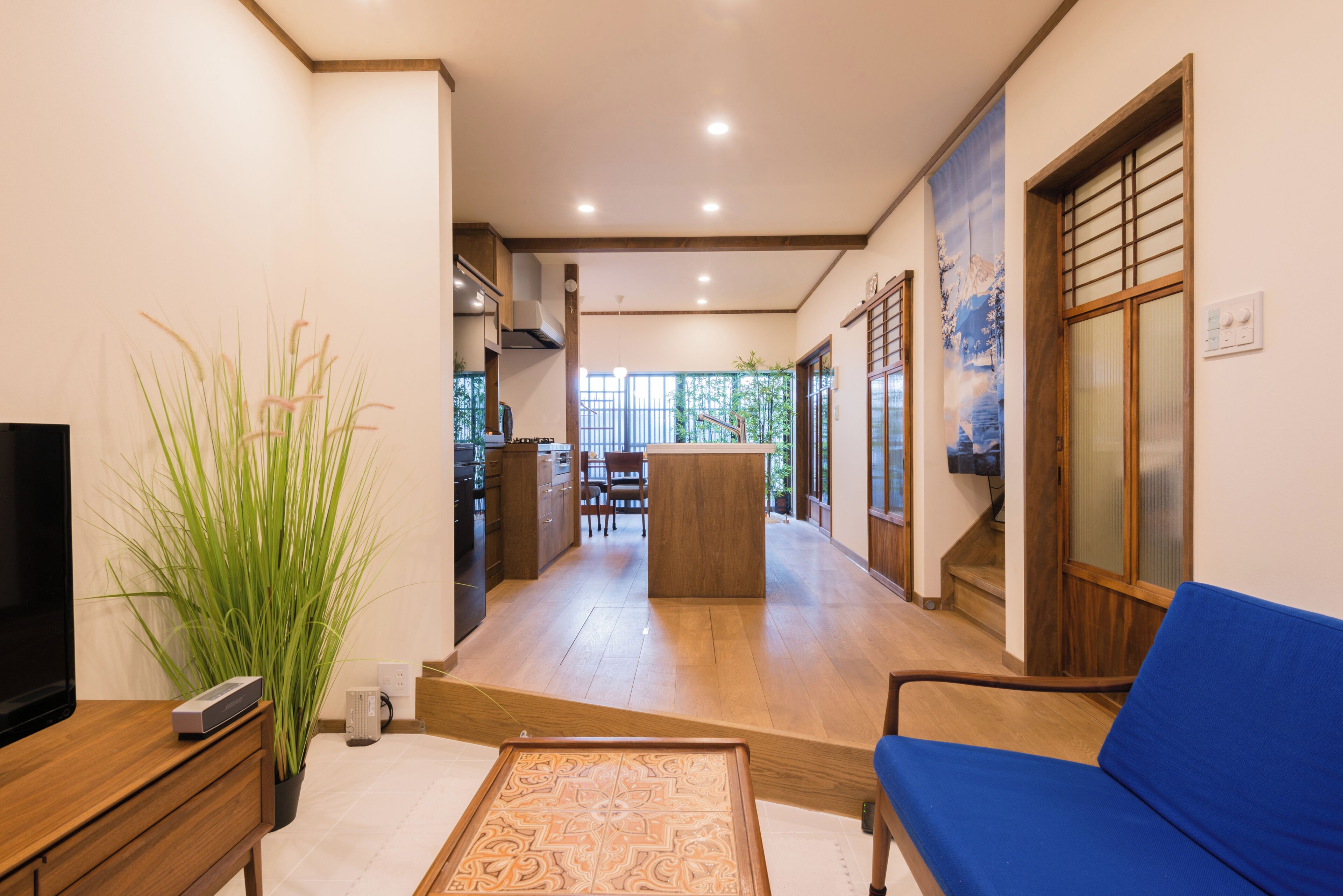 A modern living room with a TV, a blue sofa, a wooden coffee table, and a large plant.