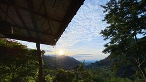 Un espacio al aire libre techado con un banco, una planta en maceta y vistas a un paisaje montañoso.
