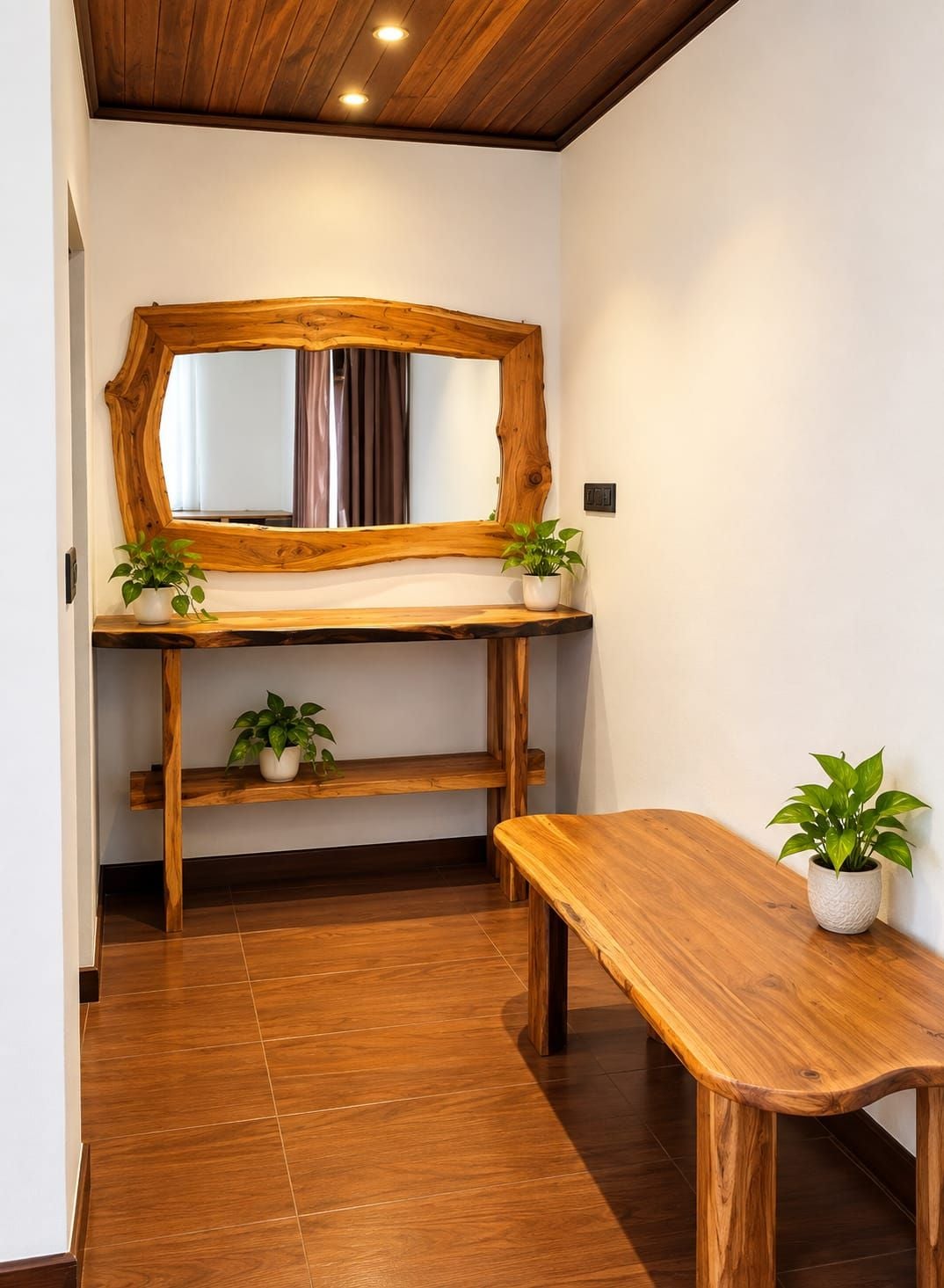 Una habitación con un banco de madera, una mesa de madera, un espejo con marco de madera y dos plantas en macetas.