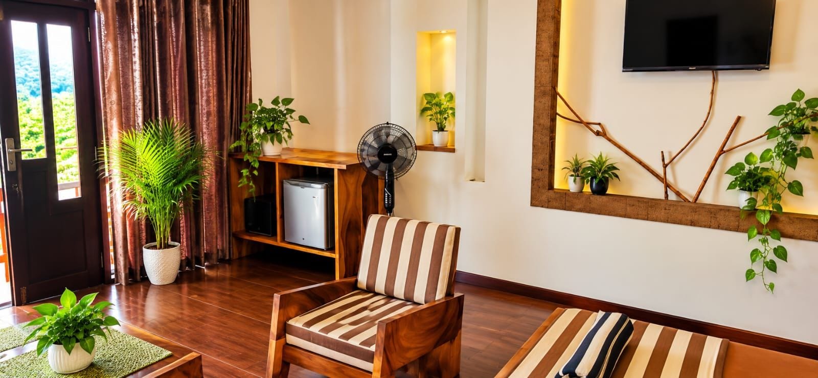 Una sala de estar con piso de madera, un sillón a rayas, una mesita, un televisor y varias plantas en macetas.