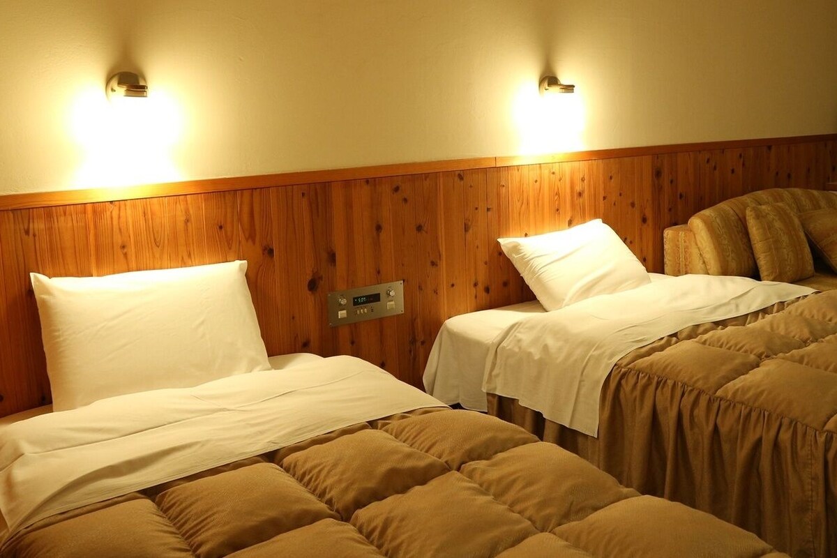 Een hotelkamer met twee bedden, een houten hoofdeinde, wandlampen en een televisie op een houten kast.