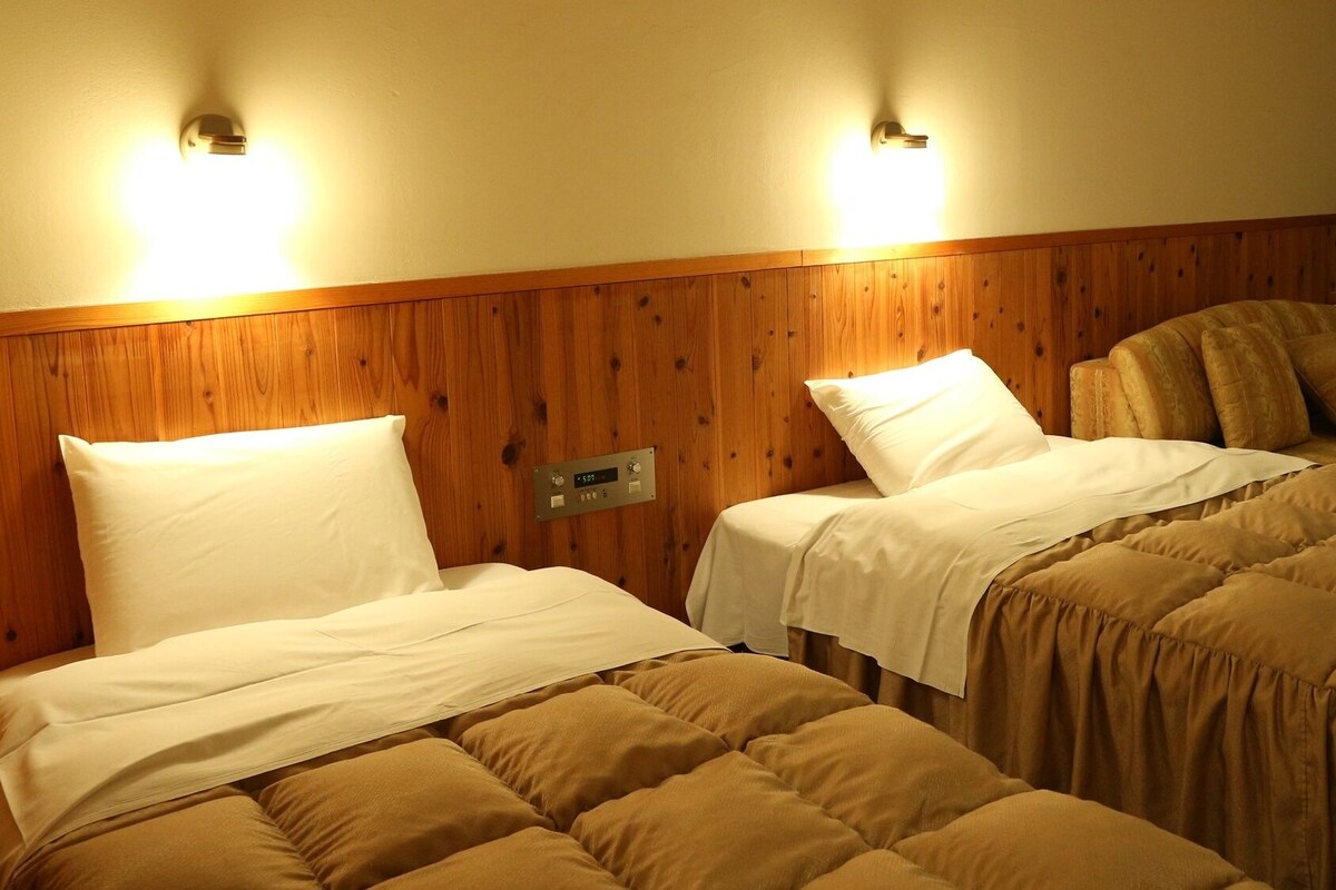 Een hotelkamer met twee bedden, houten lambrisering aan de muren, een televisie op een nachtkastje en een bedieningspaneel aan de wand.