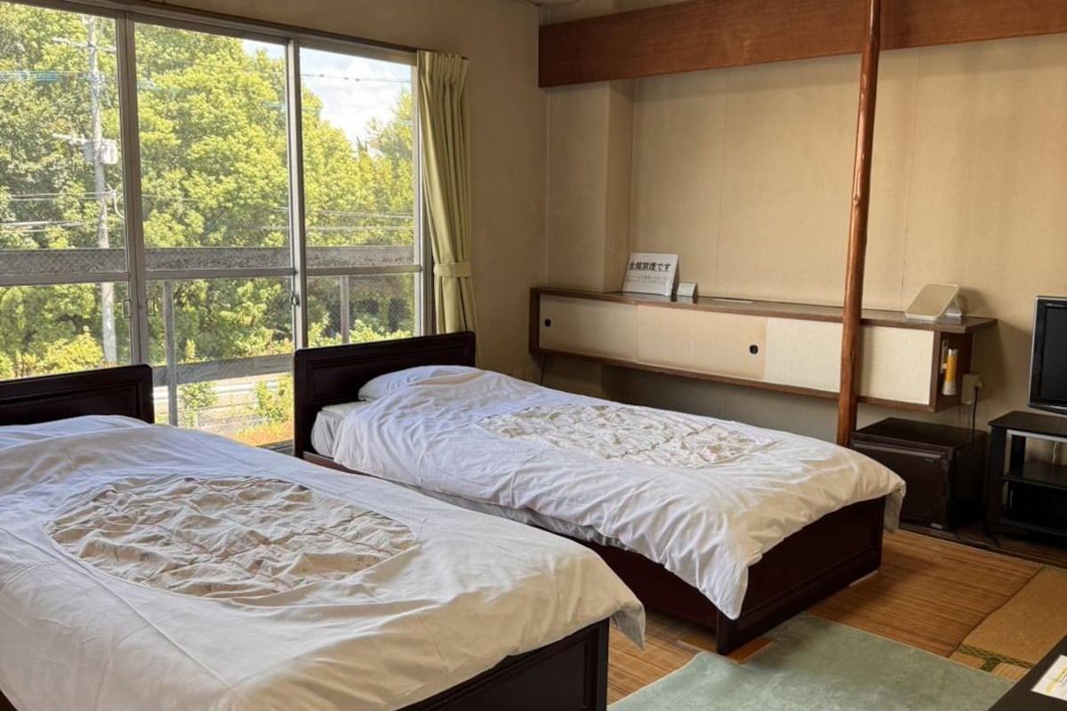 A room with two beds, a large window, a ceiling light, and a television.