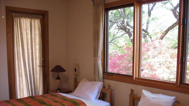Une chambre avec deux lits, une fenêtre donnant sur des arbres et des fleurs, une lampe et une porte avec des rideaux.