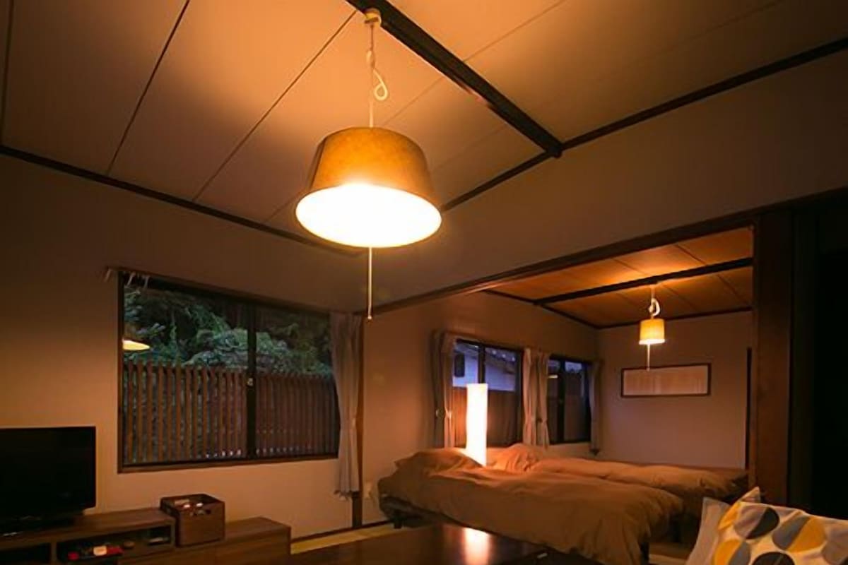 A room with a bed, a sofa, a television, and a table.