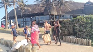 A beachfront walkway with palm trees, a building with a thatched roof, and a clear sky. - Yoxall Overnight stays (Durban)