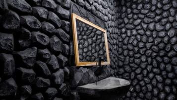 Pared de piedra con espejo de marco de madera y un lavamanos.