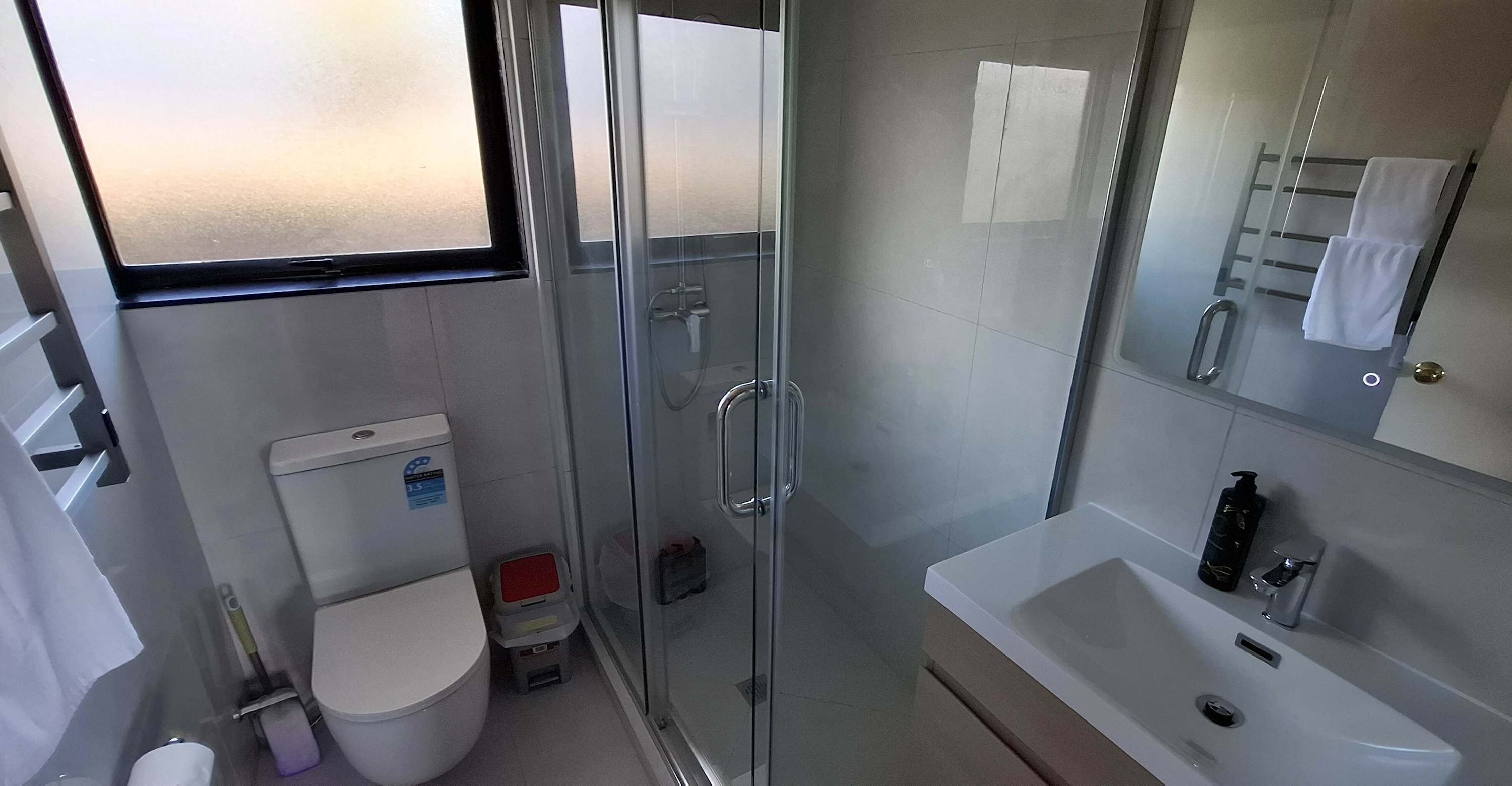 Shower, hair dryer, shampoo