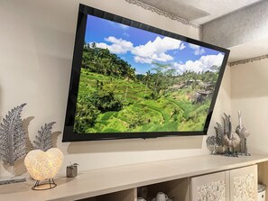 Uma TV de tela plana na parede, exibindo uma paisagem com campos em socalcos e palmeiras.