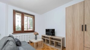 Ein modernes Wohnzimmer mit einer Couch, Fernseher, Holzschrank und Heizkörper.