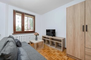 A modern living room with a sofa, TV, wooden cabinet, and a radiator. - Spacious Apartment in Center | Balcony | Desk (Wrocław)