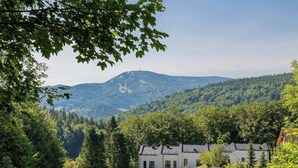 Une maison au design moderne, entourée d’un paysage boisé et avec une montagne en toile de fond.