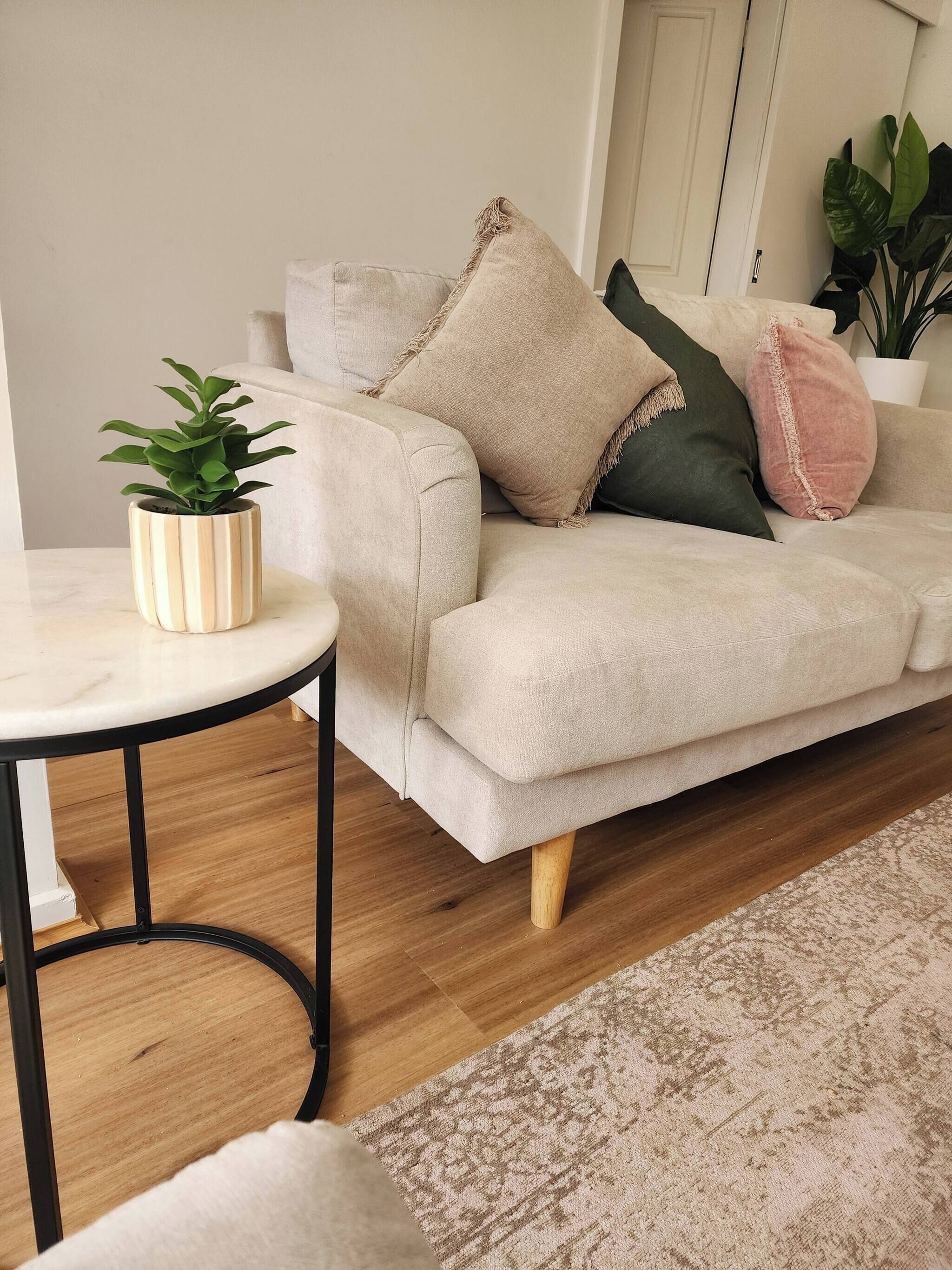 Een woonkamer met een bank, een klein rond tafeltje, een plant in pot en een kamerkleed met een patroon.