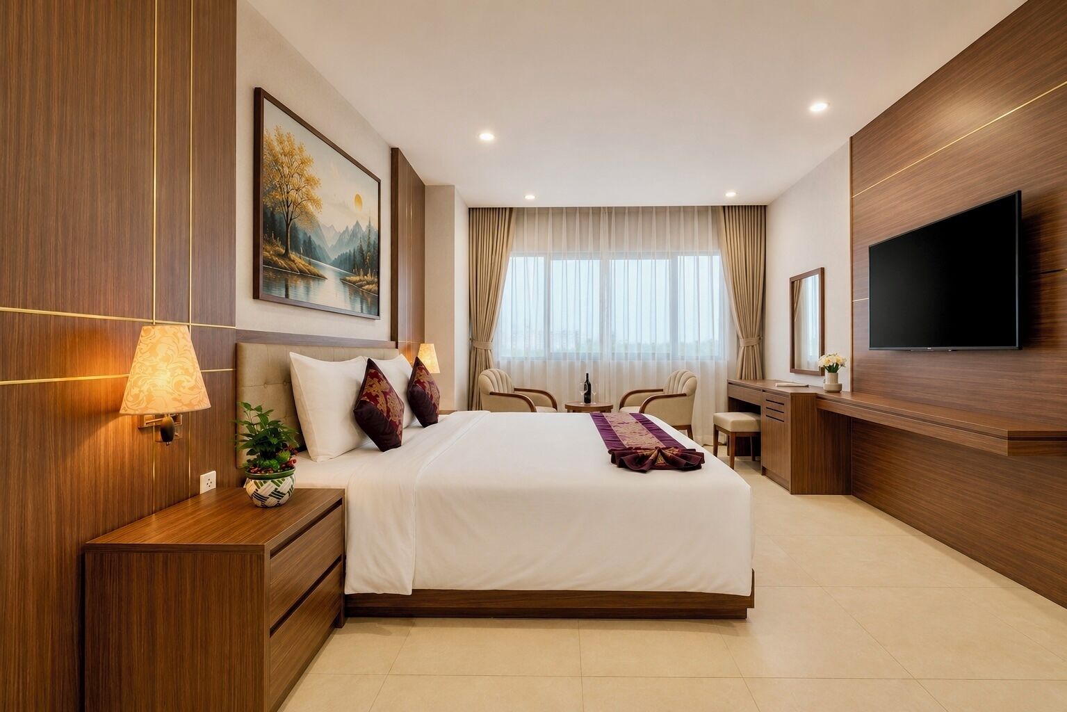 Ein modernes Hotelzimmer mit einem großen Bett, einem Flachbildfernseher, einem Schreibtisch und einem großen Fenster mit Vorhängen.