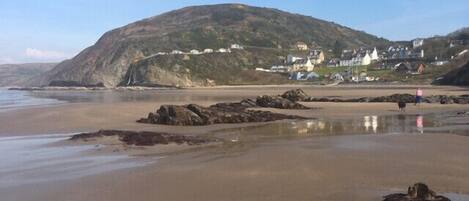 A coastal beach with a rocky shoreline, a hill with houses, and a person walking a dog.