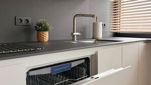 A modern kitchen with a built-in dishwasher, a stainless steel sink, and a potted plant. - Charming Apartment Steps from Blankenberge Beach (Blankenberge)