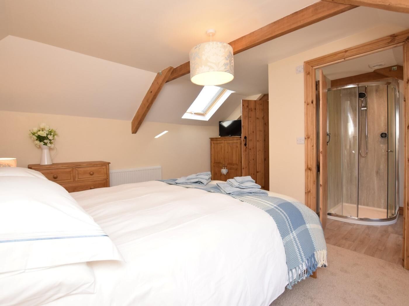 A bedroom with a bed, wooden wardrobe, a television, a shower, and a skylight.