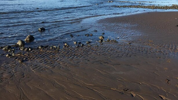 Ein Strand mit Felsen und einem Berg in der Ferne.