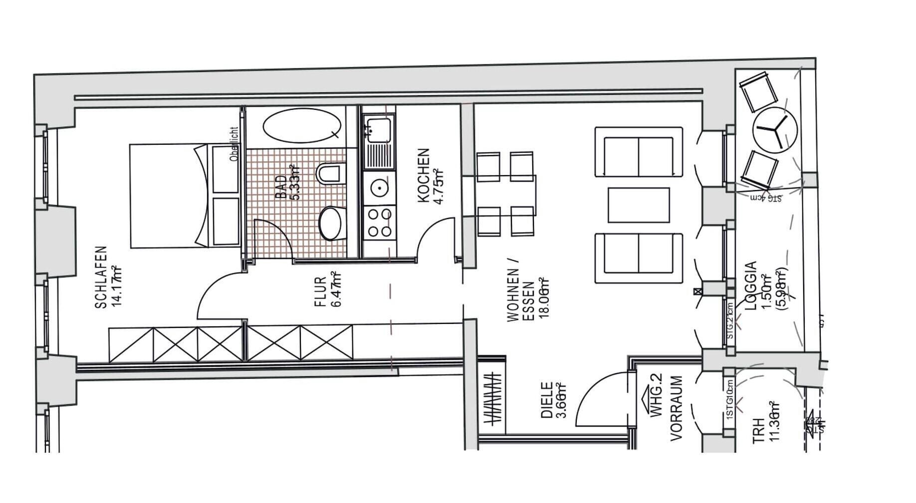 Grundriss eines Hotelzimmers mit Bad, Küchenzeile und Wohnbereich.