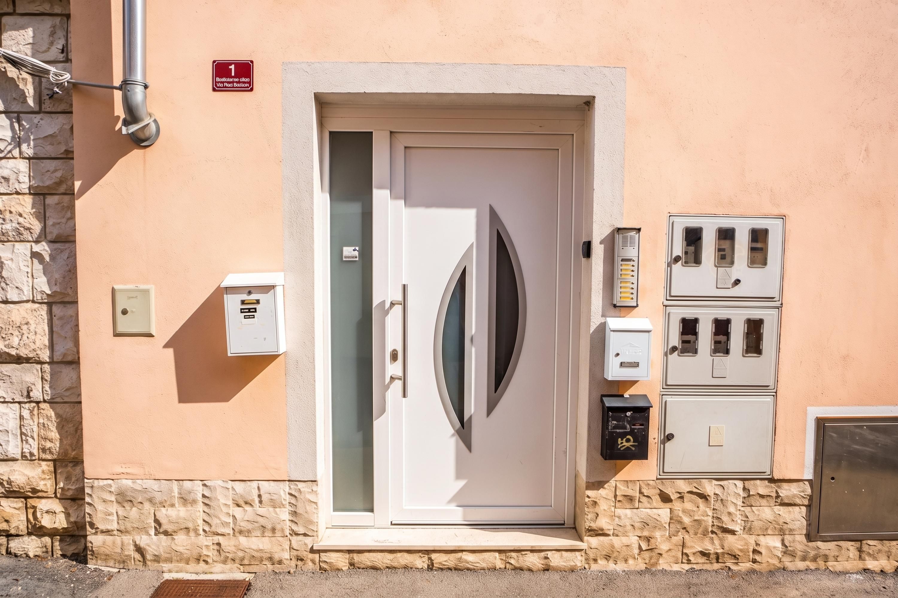 A door with a glass panel, a mailbox, and electrical boxes on a building facade.