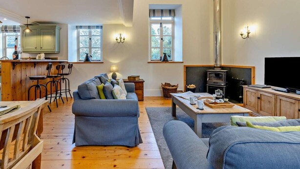 Ein gemütliches Wohnzimmer mit einer Couch, einem Esstisch und einer Küchenzeile mit Barhocker.