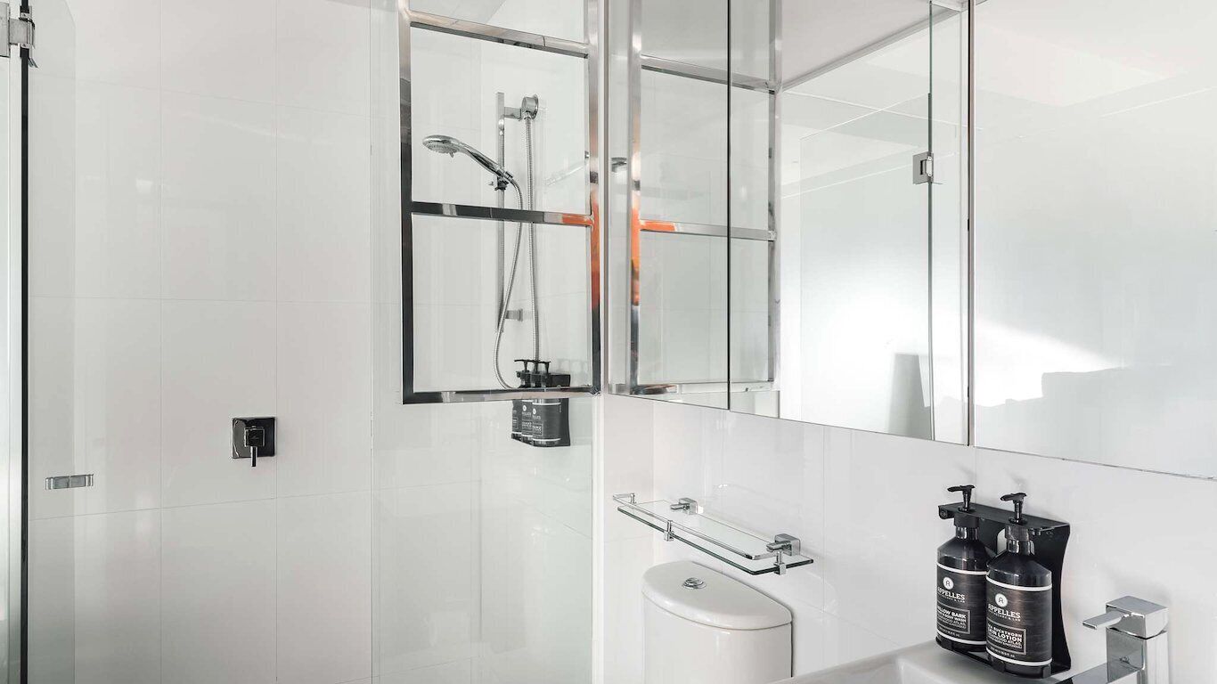 A modern bathroom with a glass shower enclosure, a white toilet, and a sink with two bottles of toiletries.