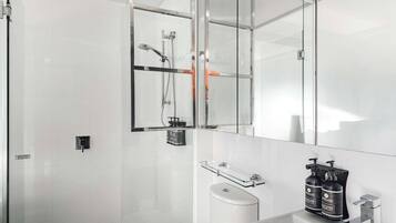 A modern bathroom with a glass shower enclosure, a white toilet, and a sink with two bottles of toiletries.