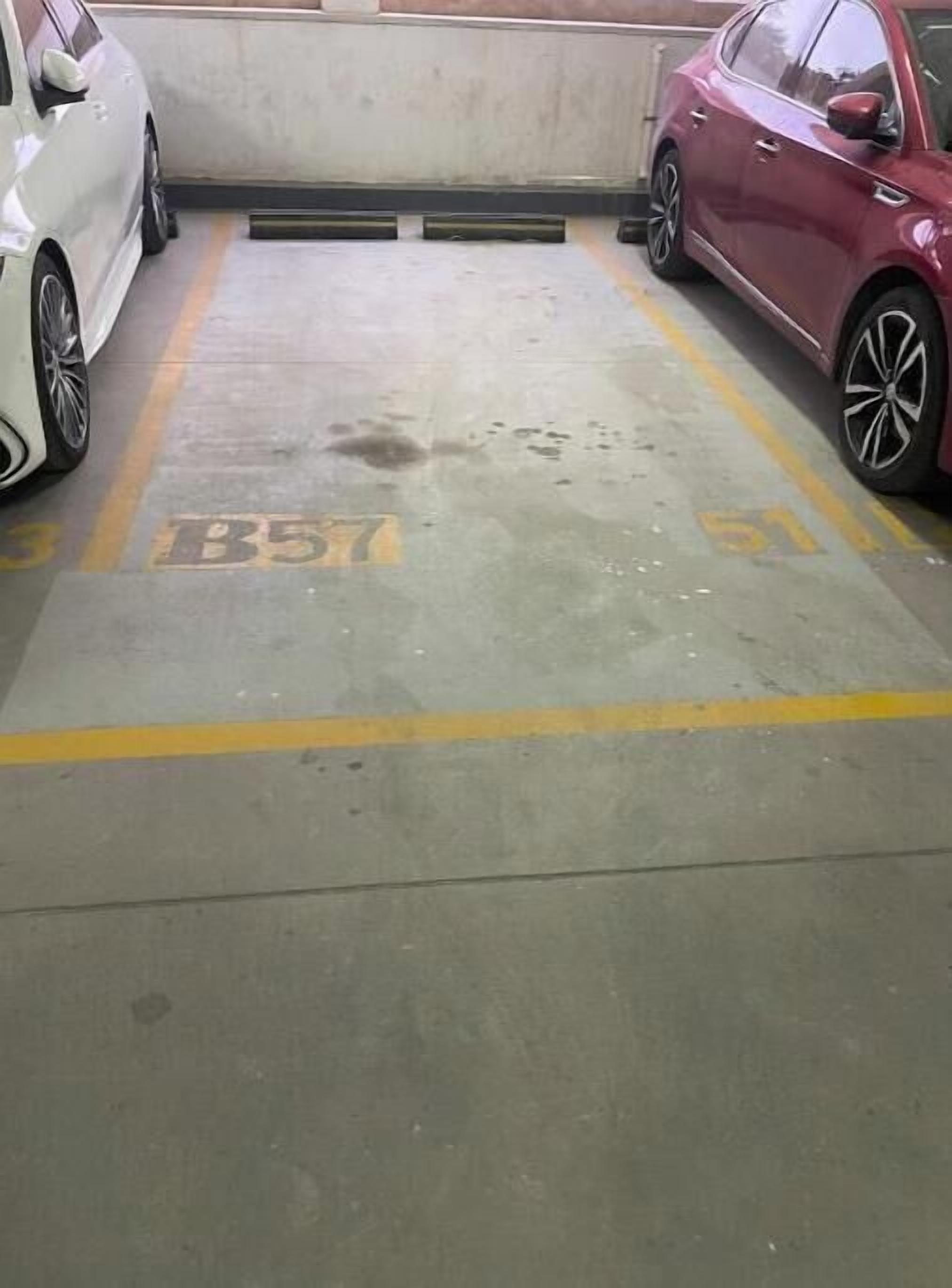 Ett parkeringsgarage med två parkerade bilar, parkeringsplatserna är markerade med B57 och B58, och golvet är av betong.
