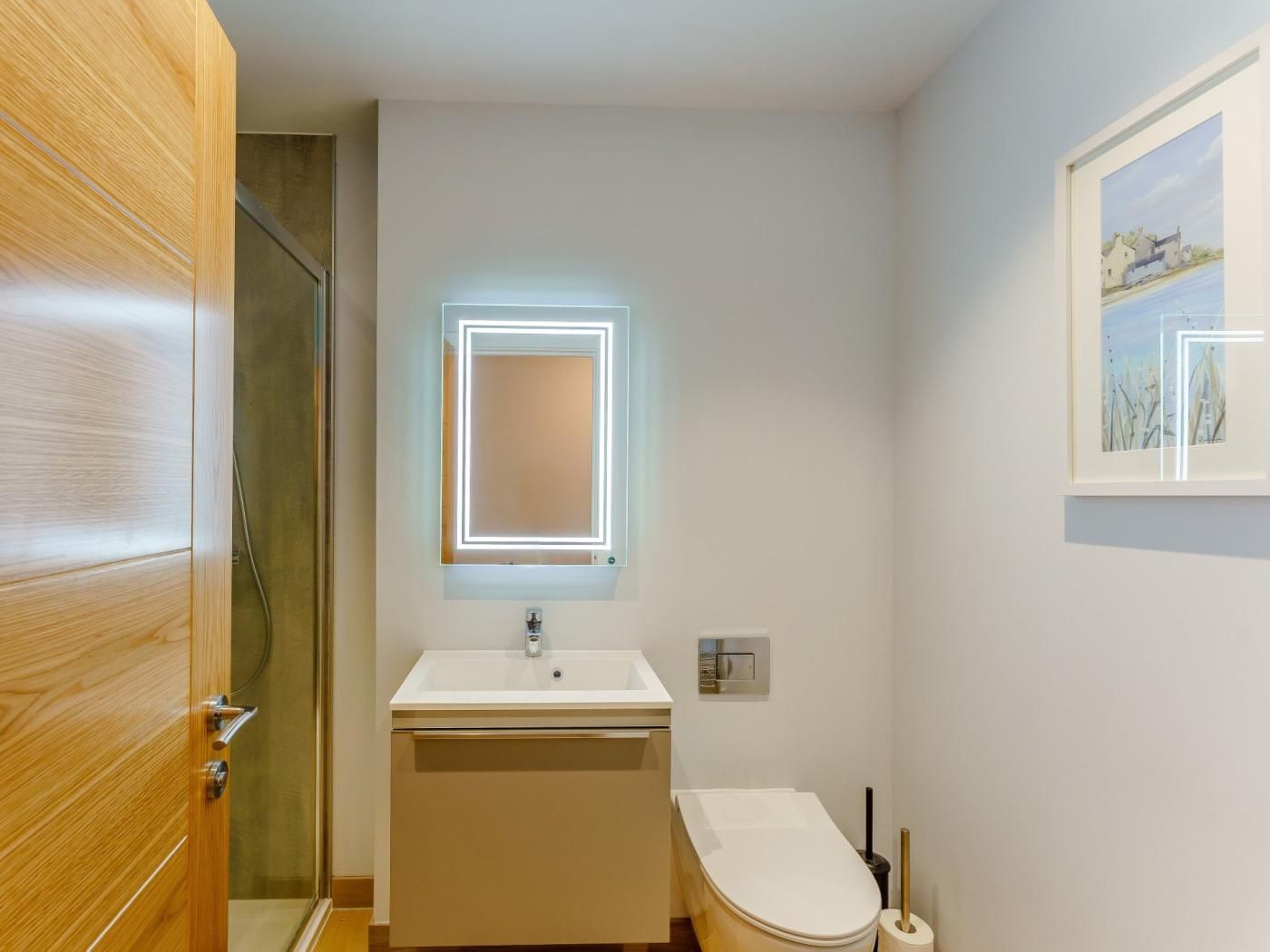 A bathroom with a wooden door, a white sink, a mirror with illuminated frame, a toilet, and a framed picture on the wall.