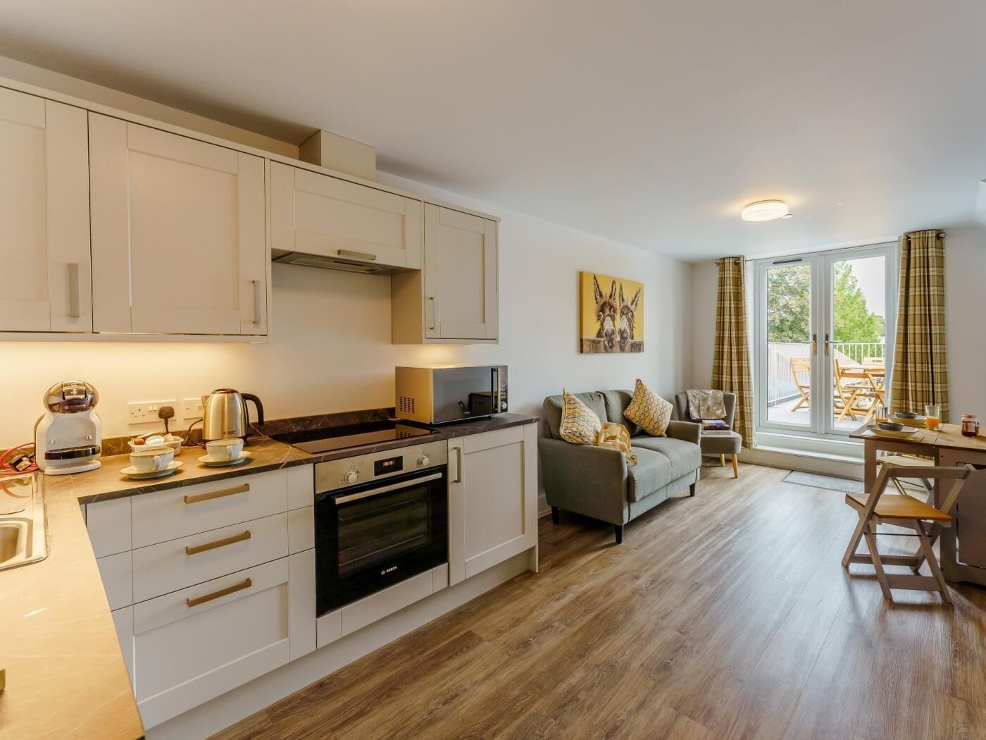 Microwave, oven, dishwasher, high chair