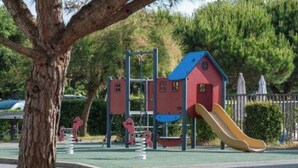 Ein Spielplatz mit Rutsche und Klettergerüsten.