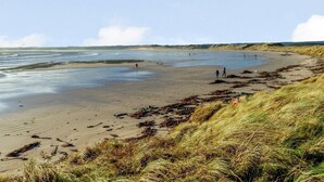 Ein Strand mit Sand, Seetang und Menschen, die spazieren gehen.