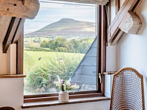 A room with a large window overlooking a rural landscape, a wicker chair, and a white vase with flowers.