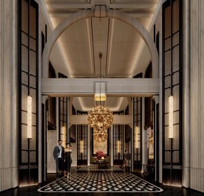 A grand lobby with a checkered floor, large chandeliers, and tall windows. - Wuhan Riverside Maxx Hotel (Wuhan)