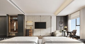 A hotel room with a bed, a seating area with a table and chairs, a TV mounted on the wall, and a window with a view. - Wuhan Riverside Maxx Hotel (Wuhan)