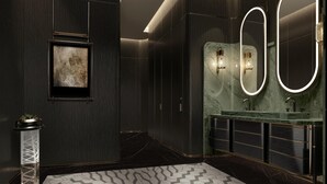 A modern bathroom with dark wood paneling, a marble sink, and a large mirror with illuminated edges. - Wuhan Riverside Maxx Hotel (Wuhan)