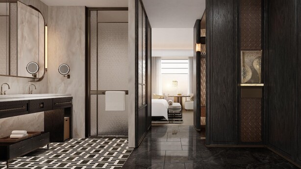 A modern bathroom with a large mirror, two round mirrors, a dark wood vanity, and a patterned floor. - Wuhan Riverside Maxx Hotel (Wuhan)