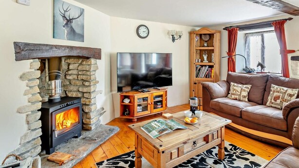Ein gemütliches Wohnzimmer mit Kamin aus Stein, einem Flachbildfernseher, einer Ledersofa und einem Holzregal.