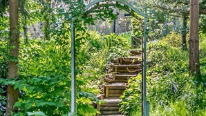 Un giardino con una scala in legno che conduce a un arco in metallo.