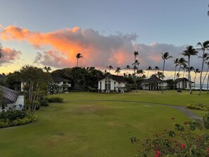 A residential area with houses, a well-maintained lawn, and palm trees. - Stunning Ocean View Condo on the beach w AC, Kiahuna Plantation, Poipu Beach (Koloa)
