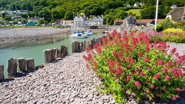 A coastal village with boats docked, a rocky shoreline, and houses with visible architecture. - 3 Bed in Minehead (oc-44078) (Porlock)