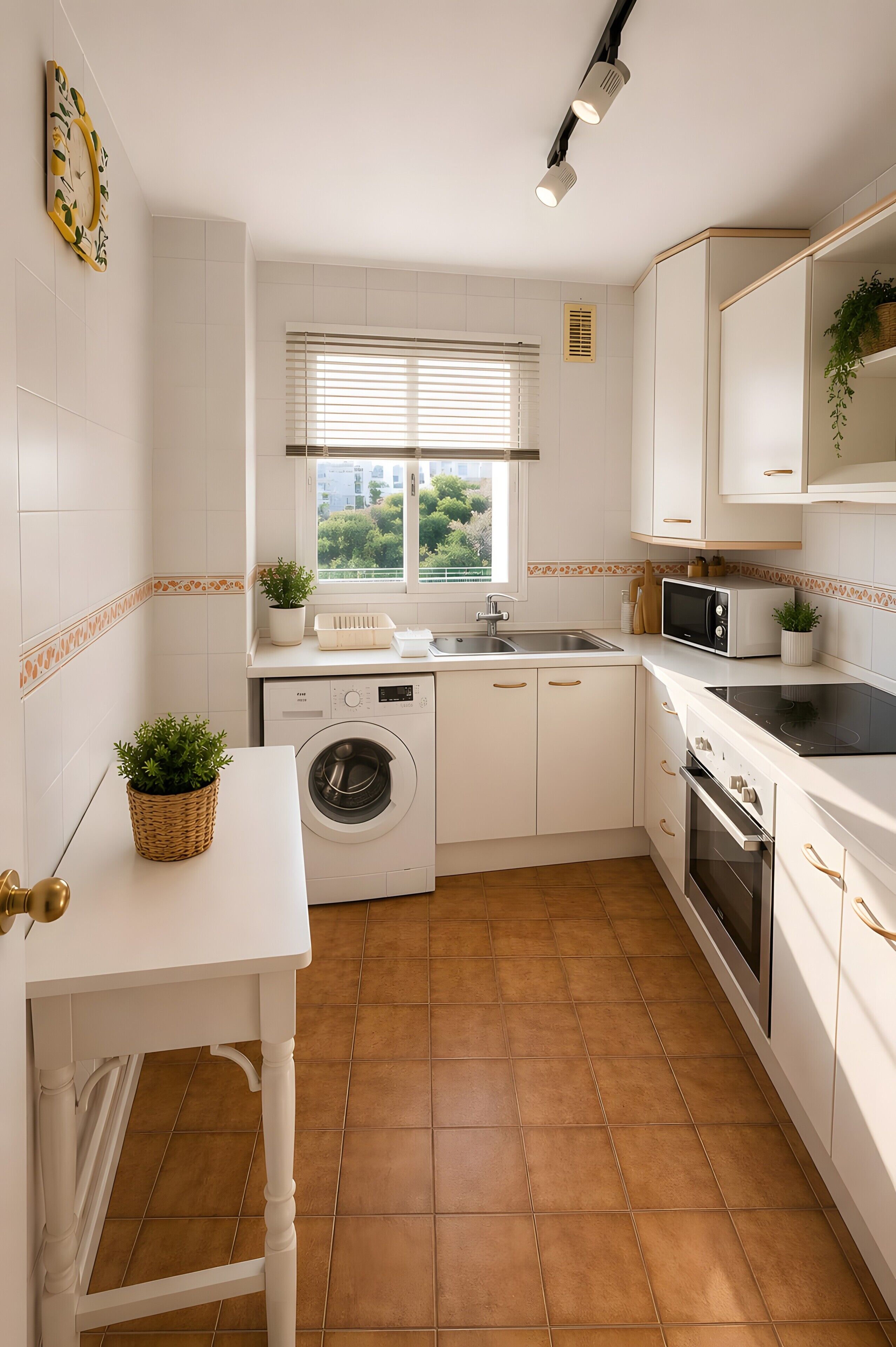 Fridge, microwave, stovetop, cookware/dishes/utensils